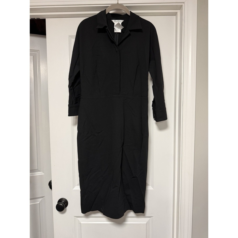 Max Mara black long-sleeve midi‎ shirt dress, Virgin Wool, Women's Size 10